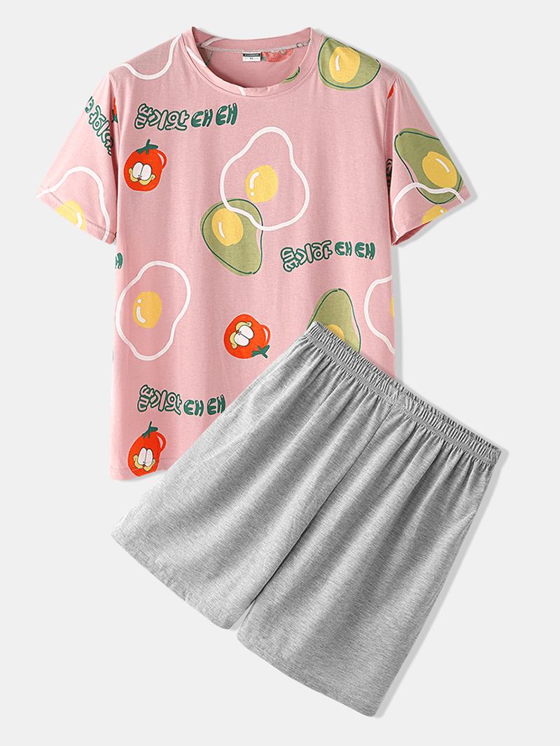 Män Casual Cartoon Frukt Med Tryck Rund Hals Kort Ärm Lös Pyjamas Set