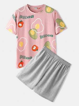 Män Casual Cartoon Frukt Med Tryck Rund Hals Kort Ärm Lös Pyjamas Set