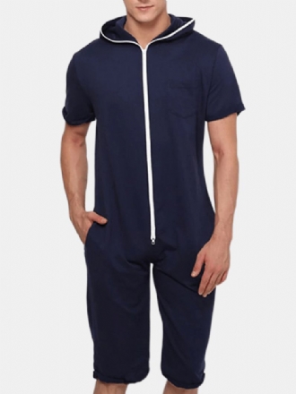 Män Enfärgad Hooded Pocket Kortärmad Hem Jumpsuit Dragkedja Sleepwear