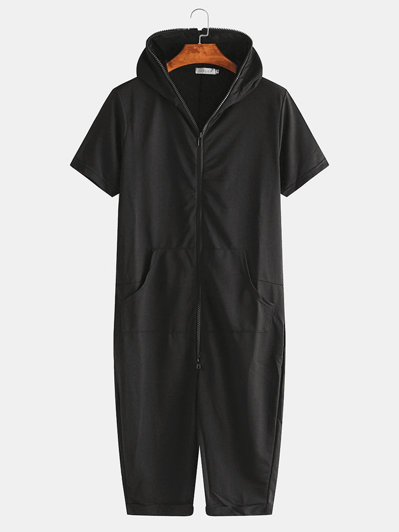 Män Enfärgad Hooded Pocket Kortärmad Hem Jumpsuit Dragkedja Sleepwear