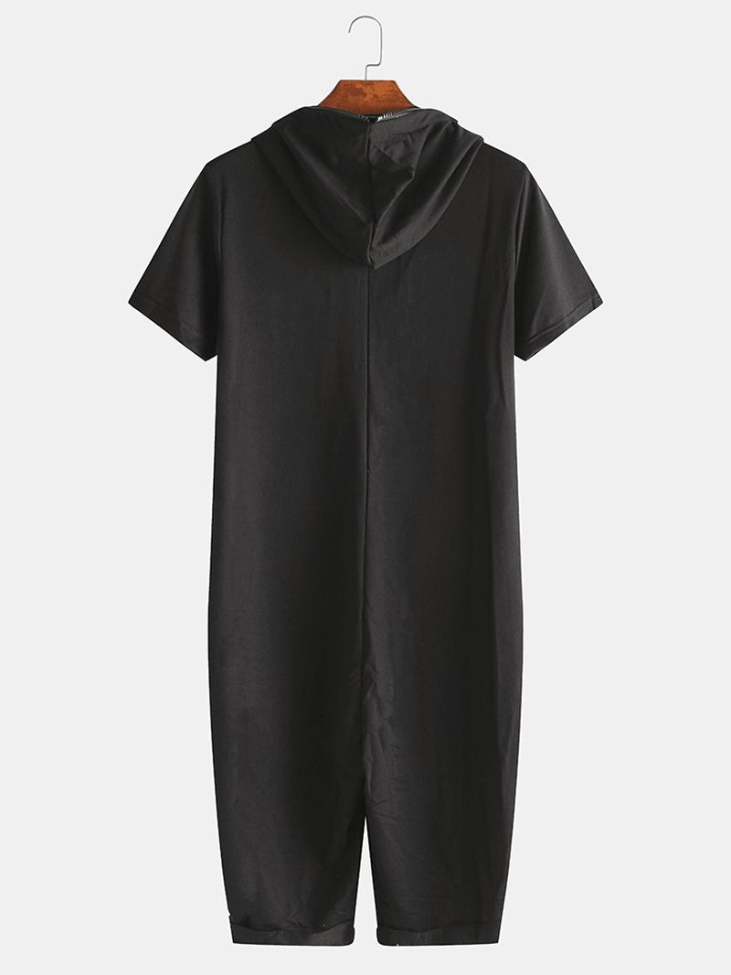 Män Enfärgad Hooded Pocket Kortärmad Hem Jumpsuit Dragkedja Sleepwear