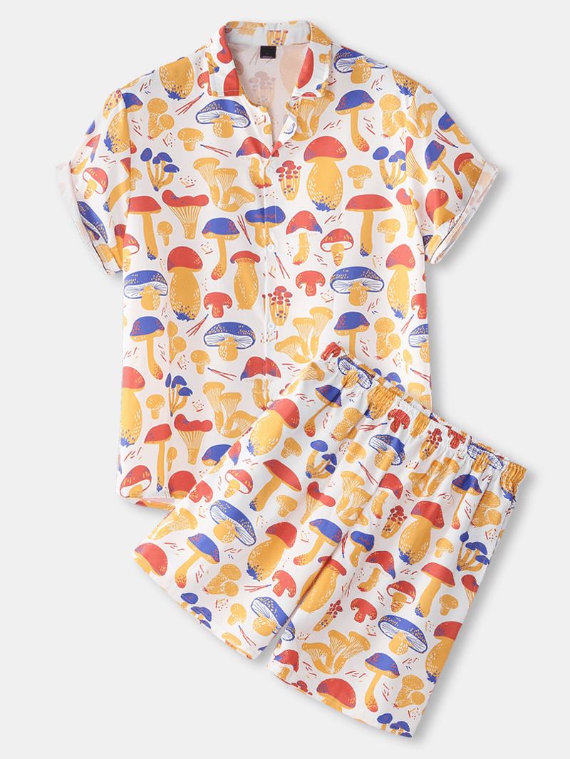 Män Färgglada Svamptryck Tunna Lösa Holiday Beach Loungewear Kortärmade Pyjamasset