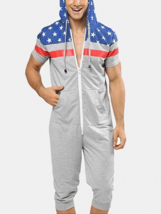 Män Flag Med Tryck Hooded Zipper Pocket Kortärmad Home Jumpsuit Sleepwear