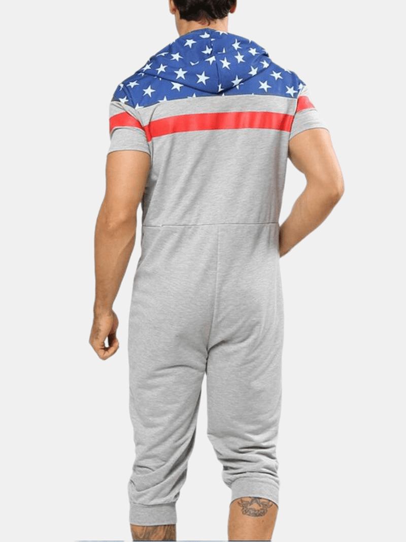 Män Flag Med Tryck Hooded Zipper Pocket Kortärmad Home Jumpsuit Sleepwear