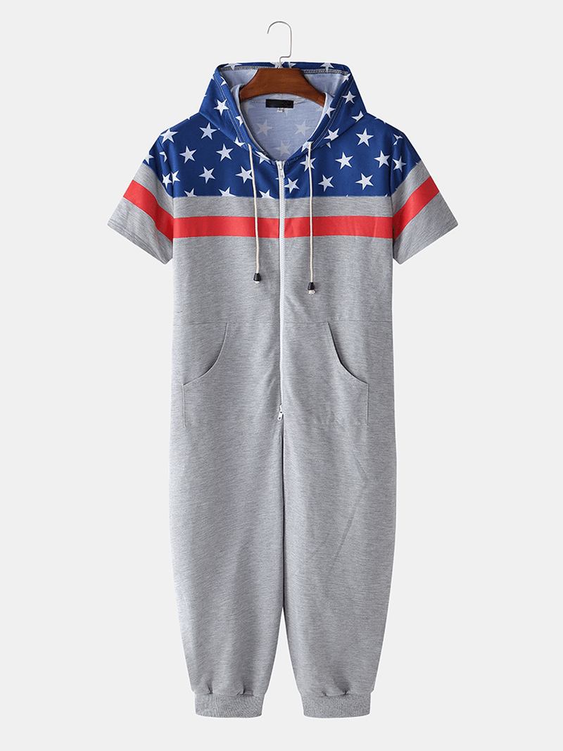 Män Flag Med Tryck Hooded Zipper Pocket Kortärmad Home Jumpsuit Sleepwear