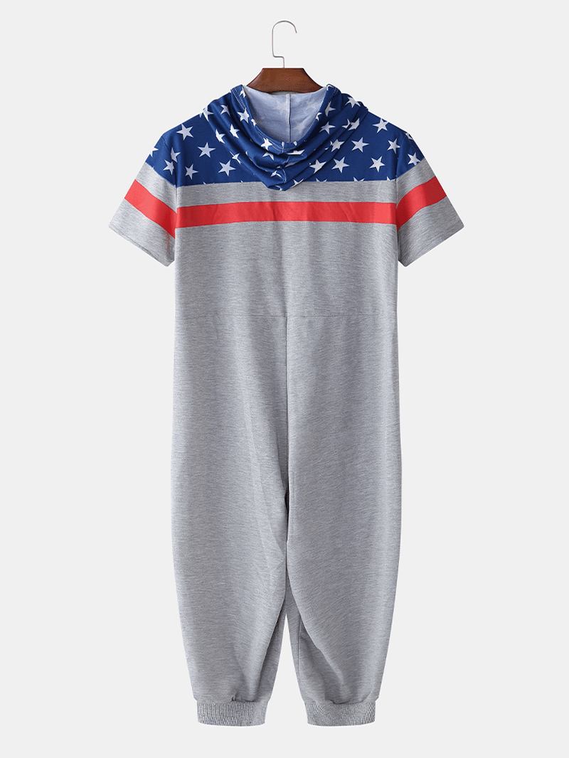 Män Flag Med Tryck Hooded Zipper Pocket Kortärmad Home Jumpsuit Sleepwear