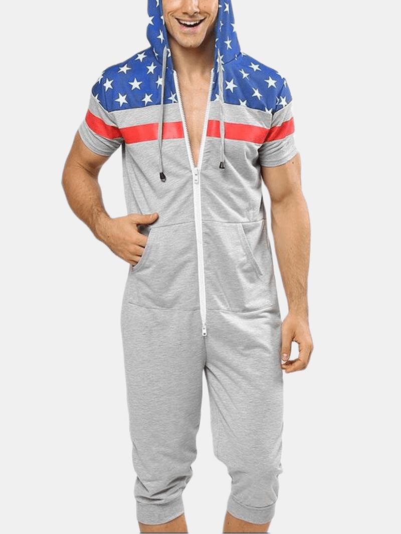 Män Flag Med Tryck Hooded Zipper Pocket Kortärmad Home Jumpsuit Sleepwear