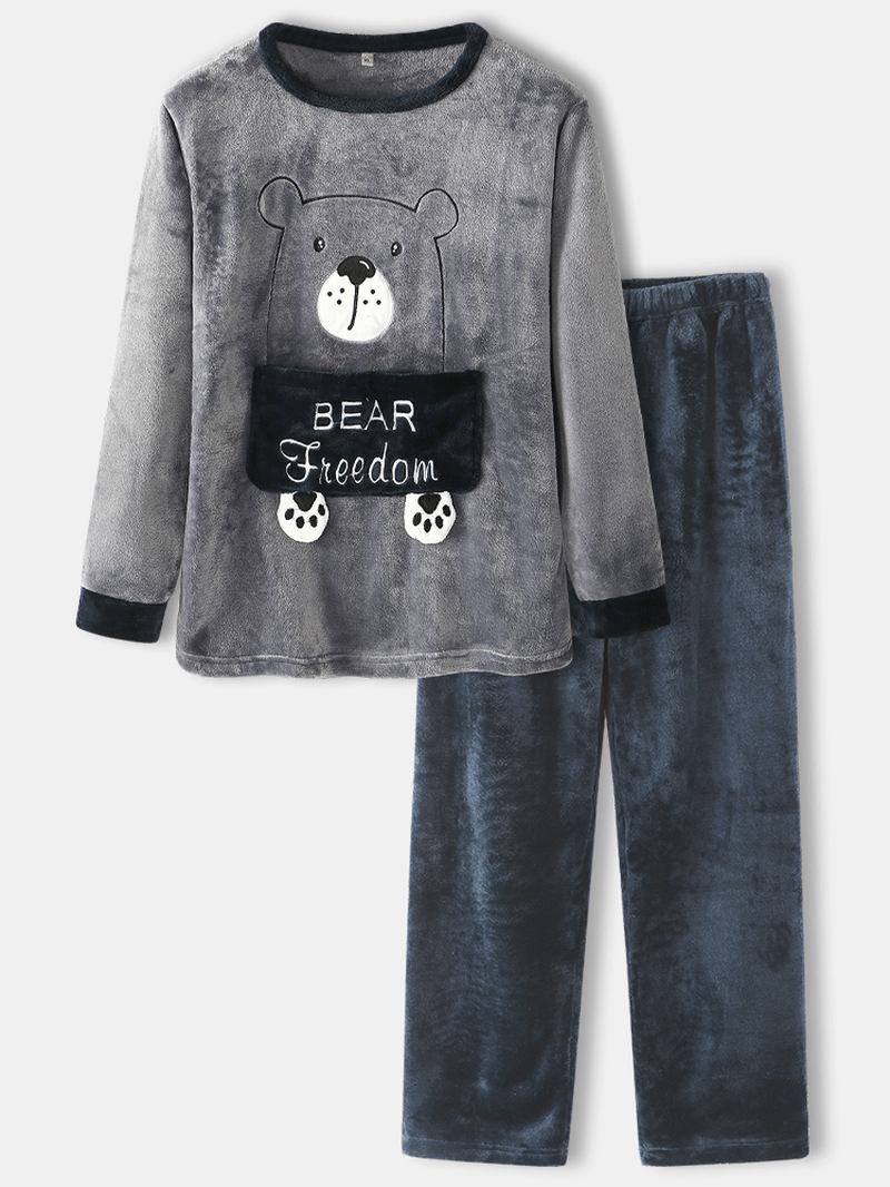 Män Flanell Cartoon Bear Brev Mönster Rund Hals Tjock Hem Pyjamas Set