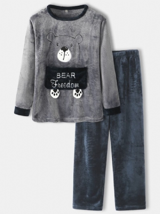 Män Flanell Cartoon Bear Brev Mönster Rund Hals Tjock Hem Pyjamas Set