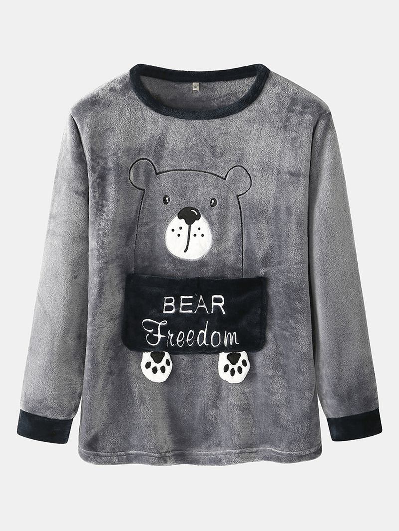 Män Flanell Cartoon Bear Brev Mönster Rund Hals Tjock Hem Pyjamas Set