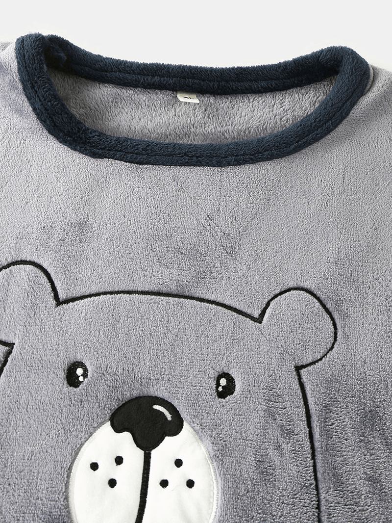 Män Flanell Cartoon Bear Brev Mönster Rund Hals Tjock Hem Pyjamas Set