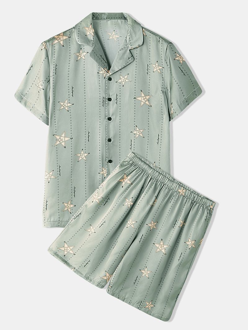 Män Funny Star Med Tryck Revere Krage Kortärmad Hem Silk Sovkläder Pyjamas Set