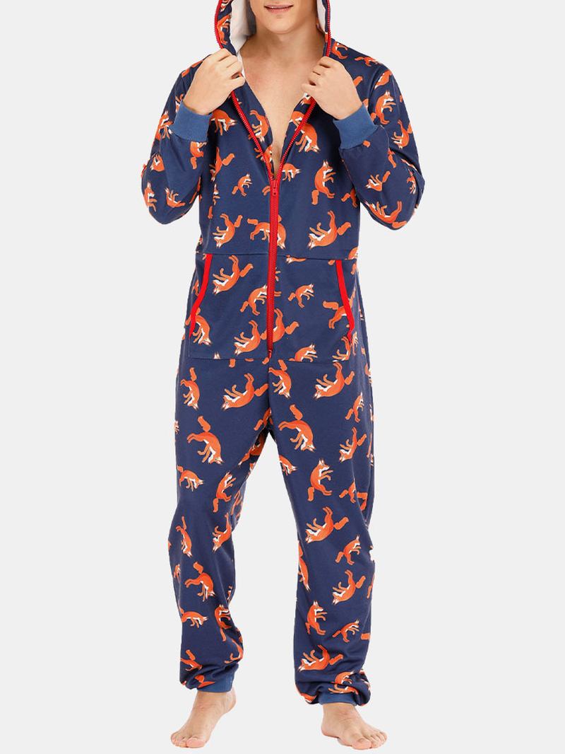 Män Funny Wolf Med Tryck Jumpsuit Loungewear Royal Blue Hooded Onesies Med Fickor