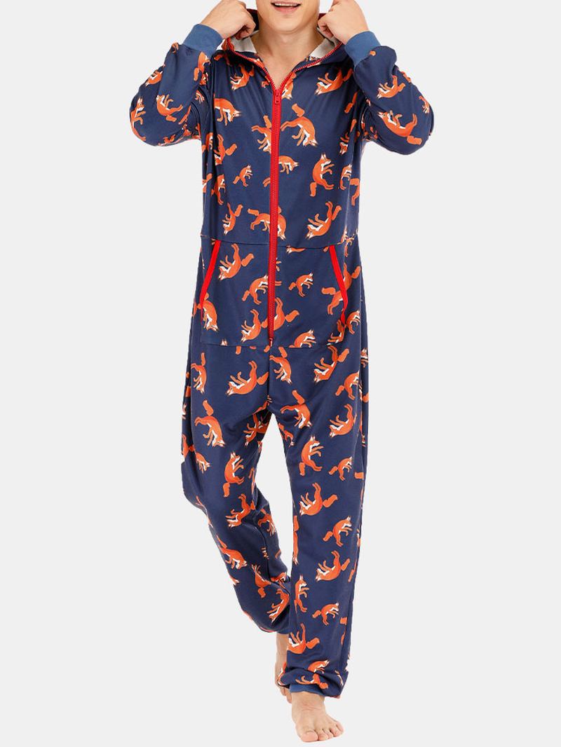 Män Funny Wolf Med Tryck Jumpsuit Loungewear Royal Blue Hooded Onesies Med Fickor