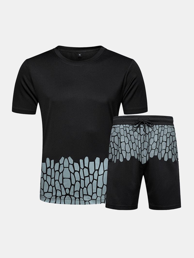 Män Med Tryck Mesh Kortärmad Elastisk Midja Shorts Hem Sport Andas Nattkläder Två Delar