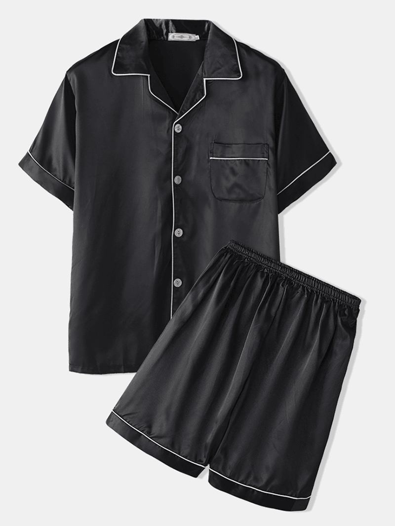 Män Tvådelad Konstsilke Pyjamas Set Vanligt Hem Lapel Krage Satin Sovkläder Toppar