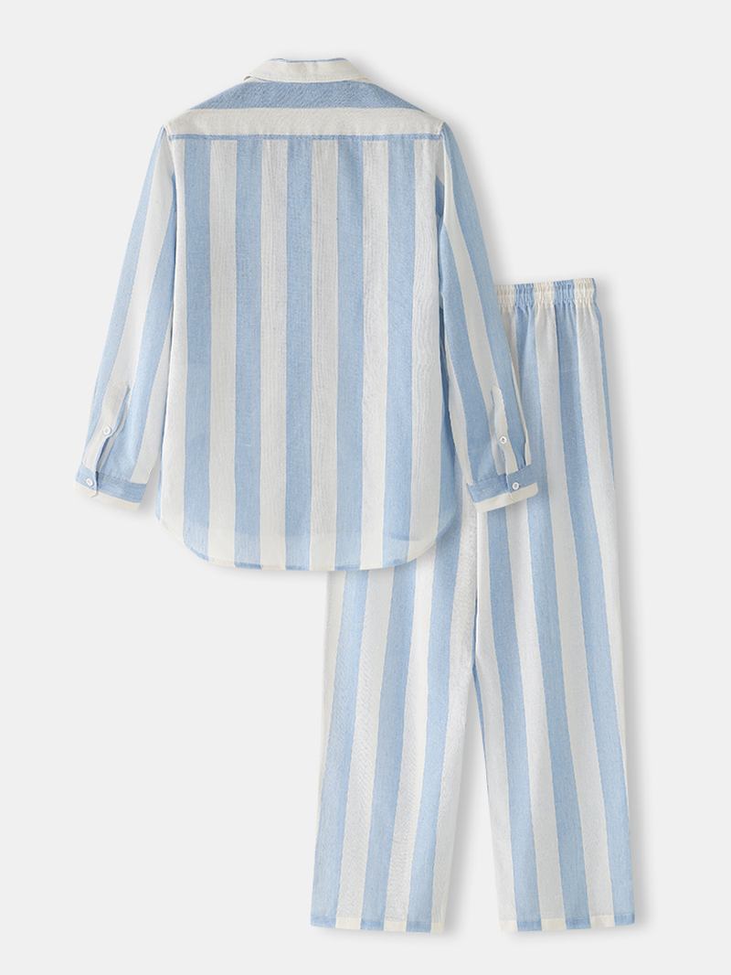 Man Bomull Basic Randig Lapel Långärmad Lös Hem Lounge Pyjamas Set