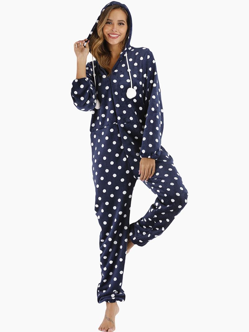 Marinblå Polka Dot Front Hoodie Jumpsuit Casual Pyjamas Set