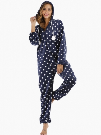 Marinblå Polka Dot Front Hoodie Jumpsuit Casual Pyjamas Set