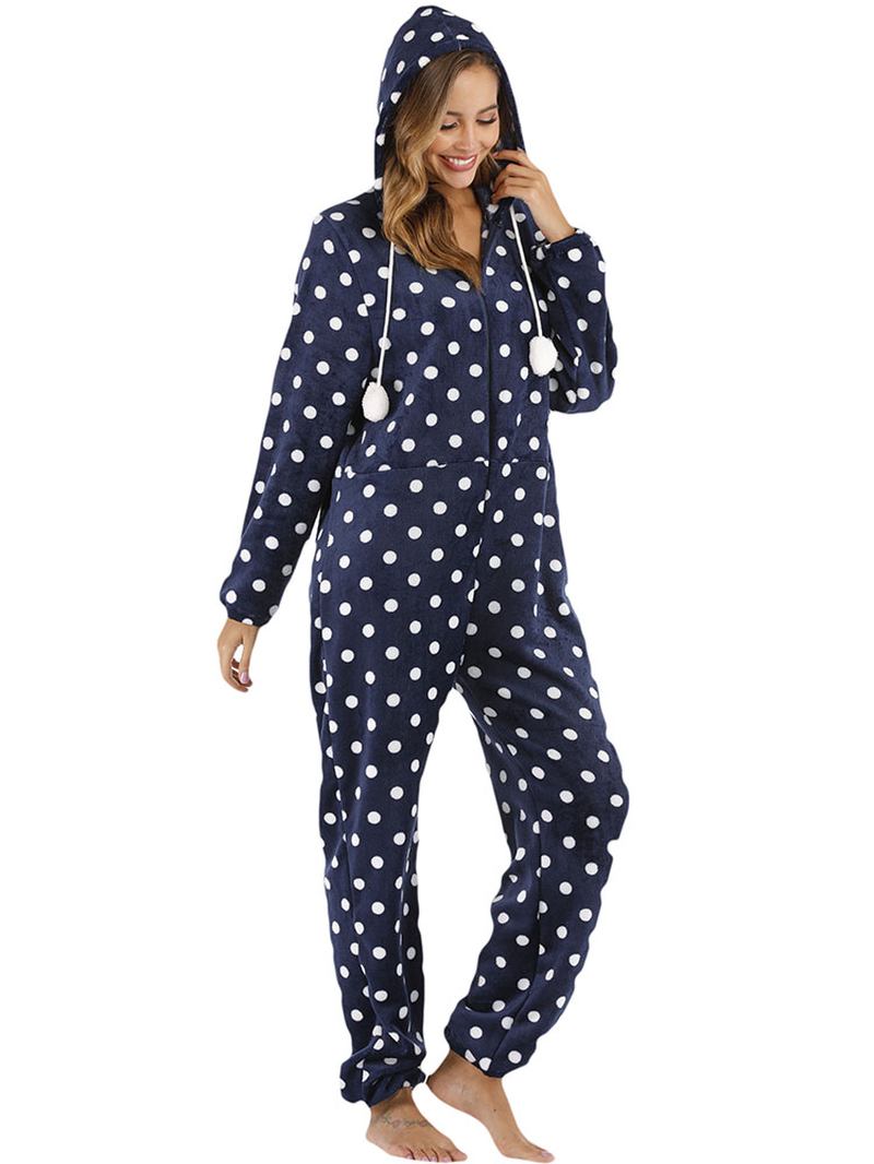 Marinblå Polka Dot Front Hoodie Jumpsuit Casual Pyjamas Set