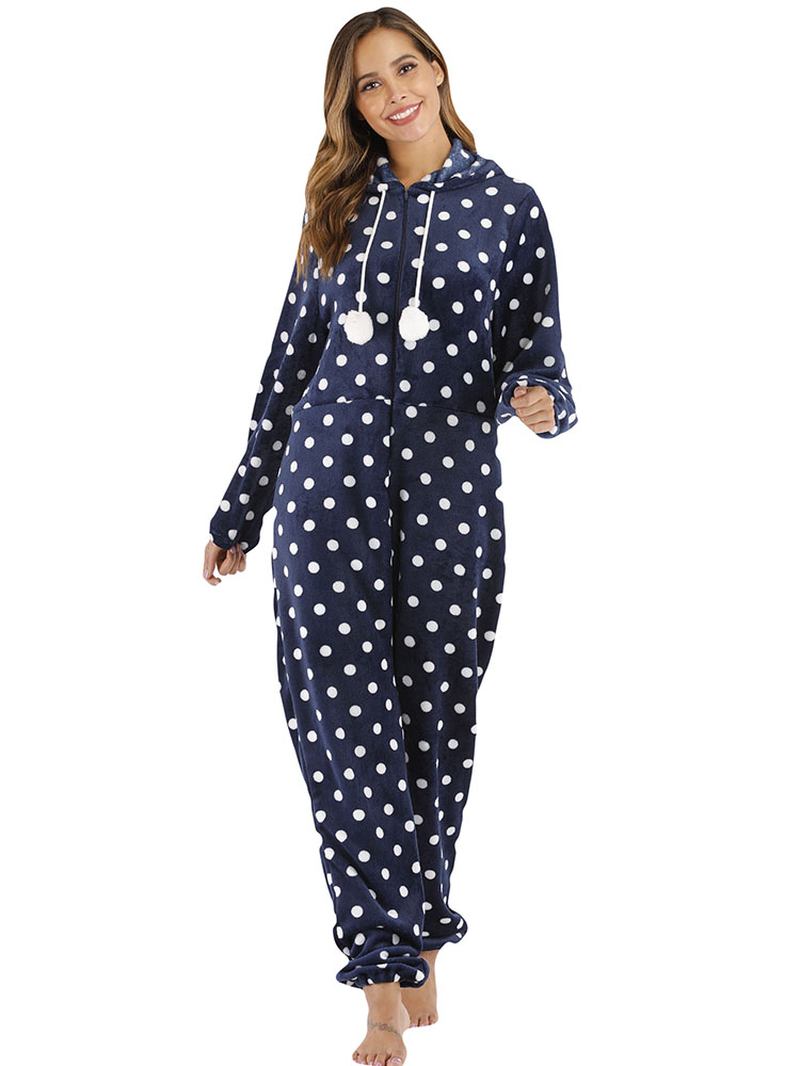 Marinblå Polka Dot Front Hoodie Jumpsuit Casual Pyjamas Set