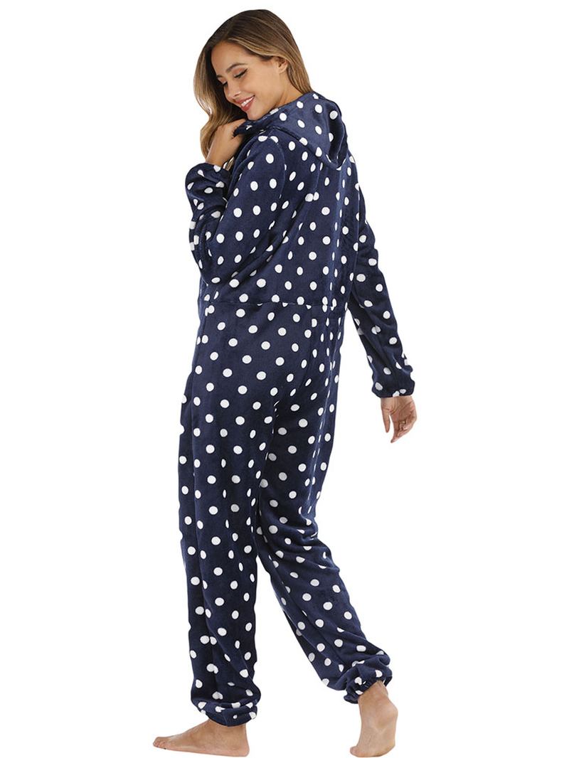 Marinblå Polka Dot Front Hoodie Jumpsuit Casual Pyjamas Set