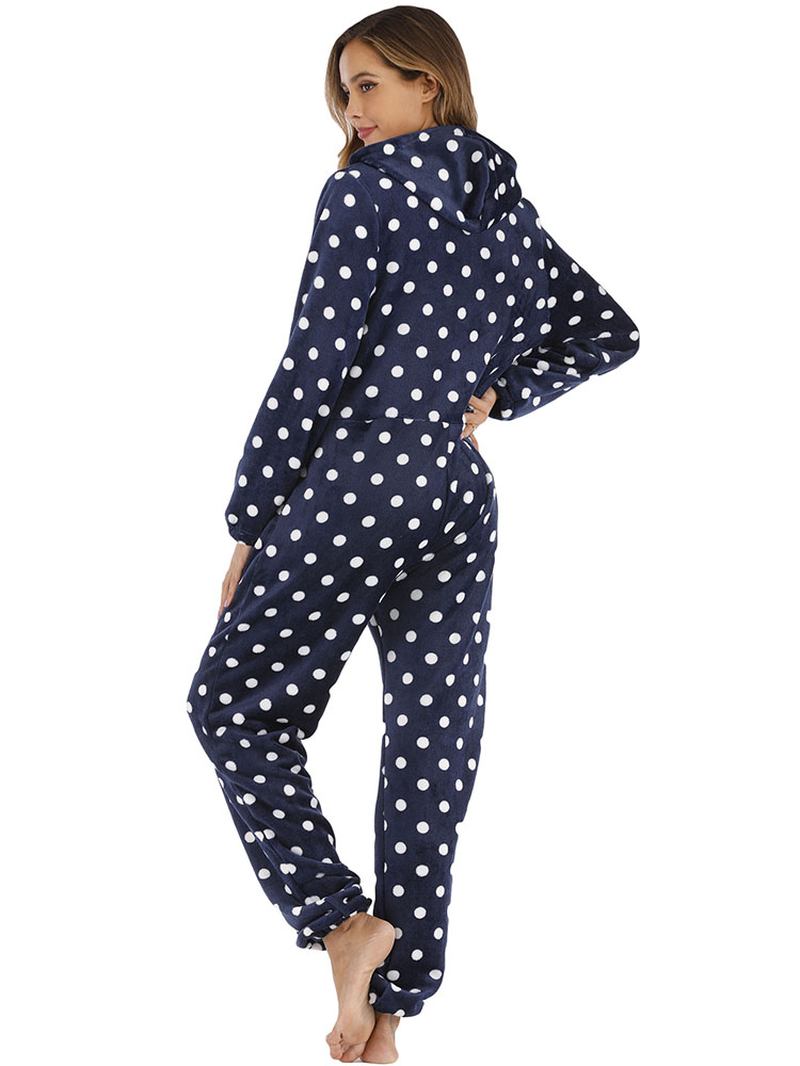 Marinblå Polka Dot Front Hoodie Jumpsuit Casual Pyjamas Set