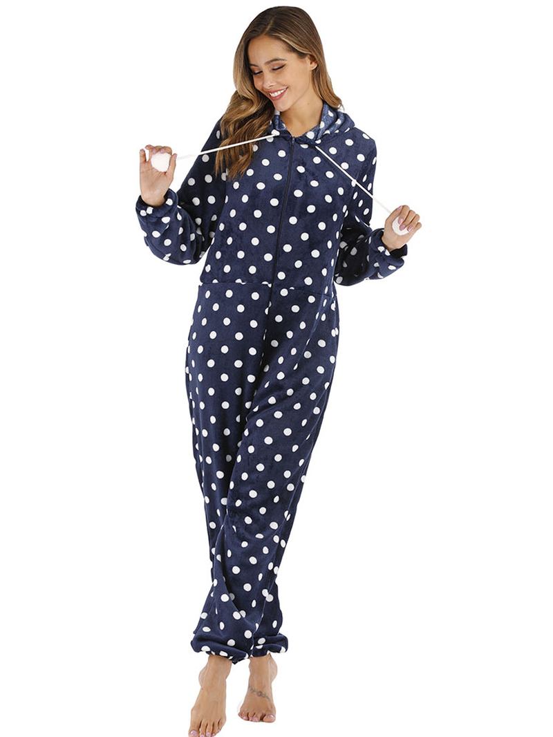 Marinblå Polka Dot Front Hoodie Jumpsuit Casual Pyjamas Set