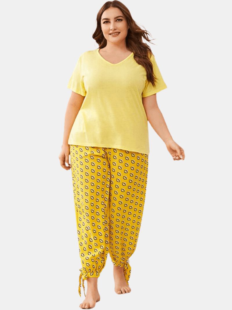 Plus Size Dam Enfärgad V-ringad Topptryck Dragsko Knytbalk Fötter Långa Byxor Hem Pyjamasset