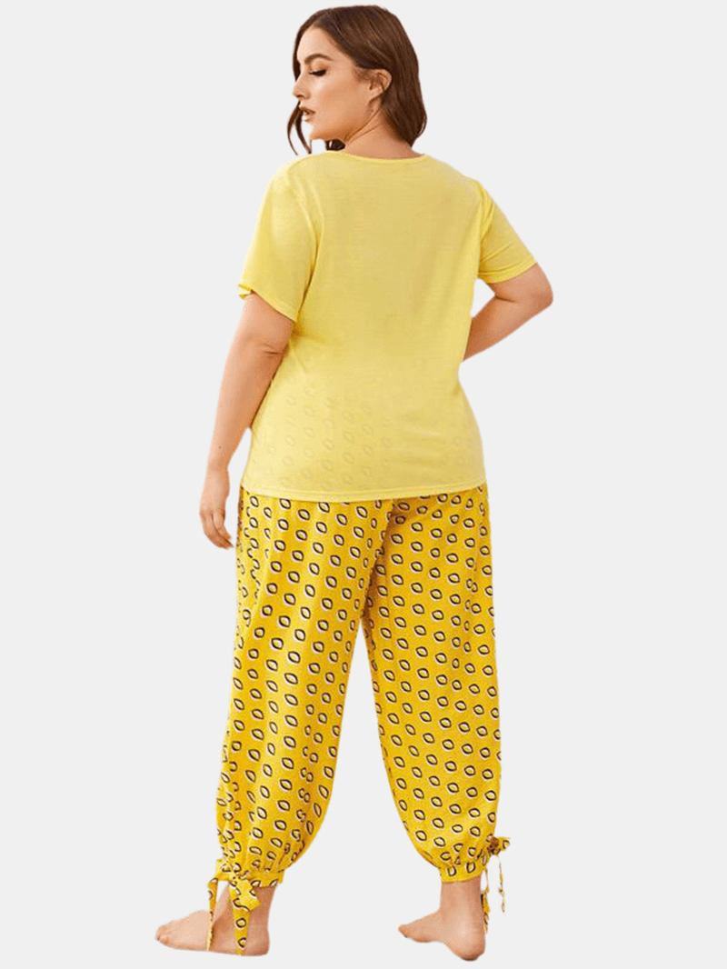 Plus Size Dam Enfärgad V-ringad Topptryck Dragsko Knytbalk Fötter Långa Byxor Hem Pyjamasset