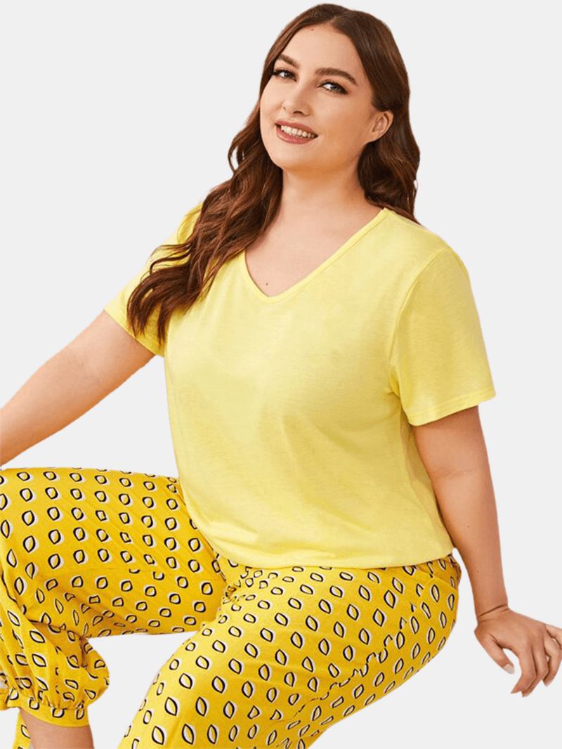 Plus Size Dam Enfärgad V-ringad Topptryck Dragsko Knytbalk Fötter Långa Byxor Hem Pyjamasset