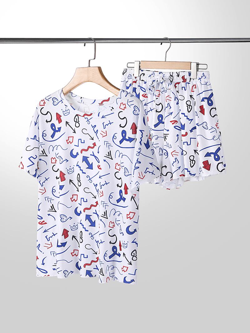 Plus Size Dam Graffiti Med Tryck Kortärmad Dragsko Casual Pyjamas Set