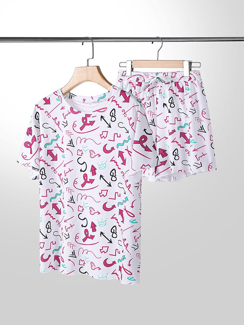 Plus Size Dam Graffiti Med Tryck Kortärmad Dragsko Casual Pyjamas Set