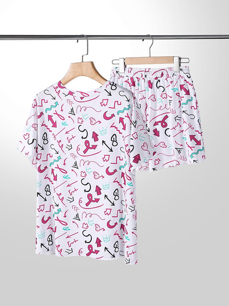 Plus Size Dam Graffiti Med Tryck Kortärmad Dragsko Casual Pyjamas Set