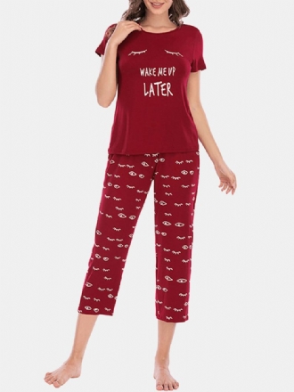 Plus Size Dam Letter Eye Med Tryck Kortärmad Pyjamas Set