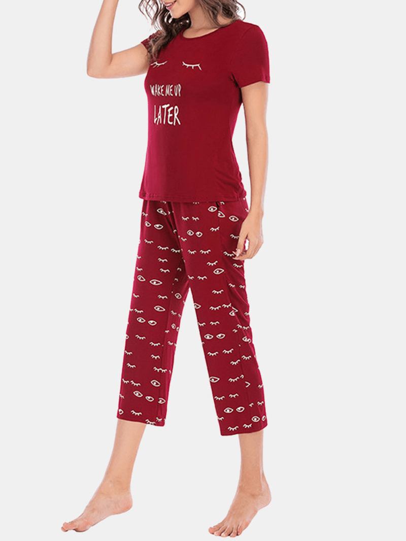 Plus Size Dam Letter Eye Med Tryck Kortärmad Pyjamas Set