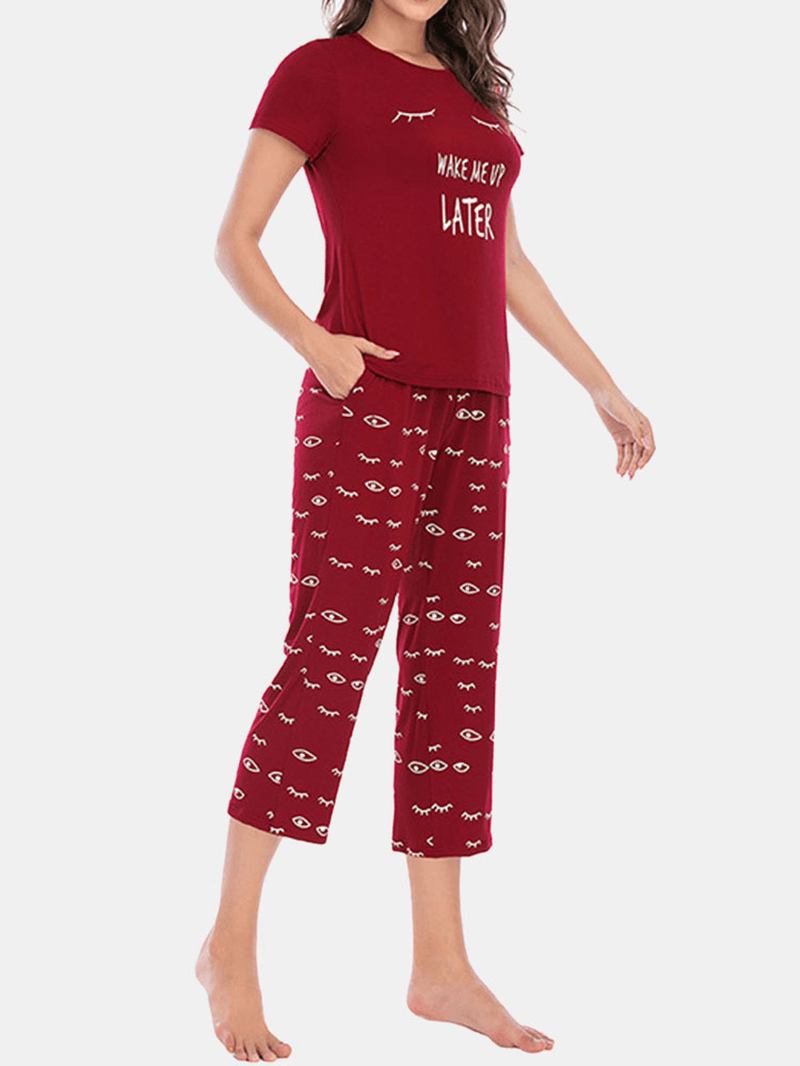 Plus Size Dam Letter Eye Med Tryck Kortärmad Pyjamas Set