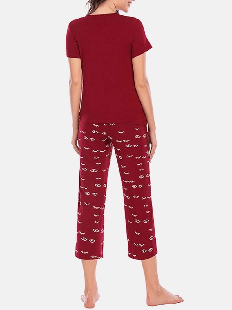 Plus Size Dam Letter Eye Med Tryck Kortärmad Pyjamas Set