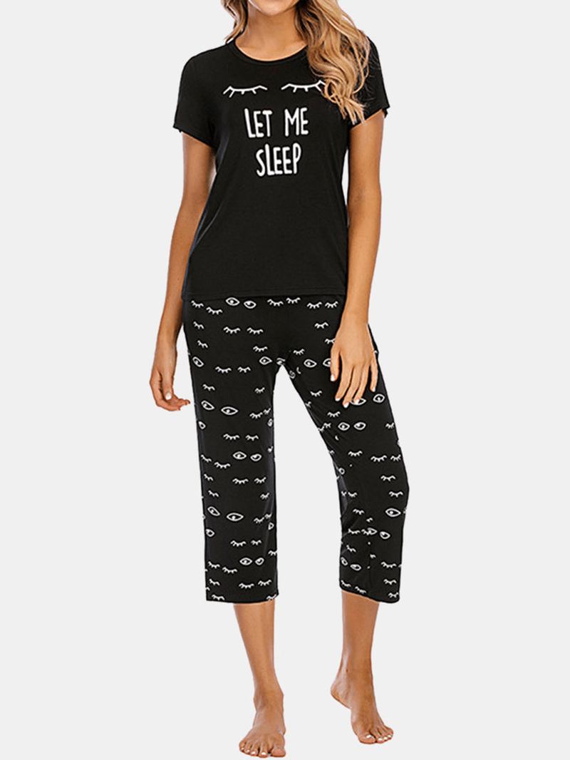 Plus Size Dam Letter Eye Med Tryck Kortärmad Pyjamas Set