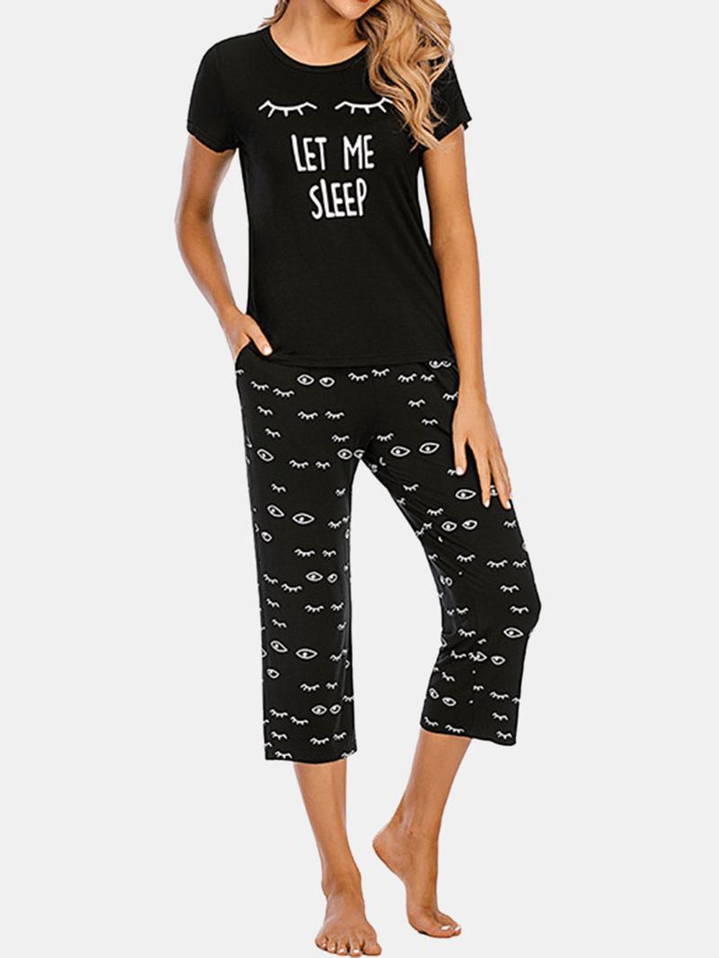 Plus Size Dam Letter Eye Med Tryck Kortärmad Pyjamas Set