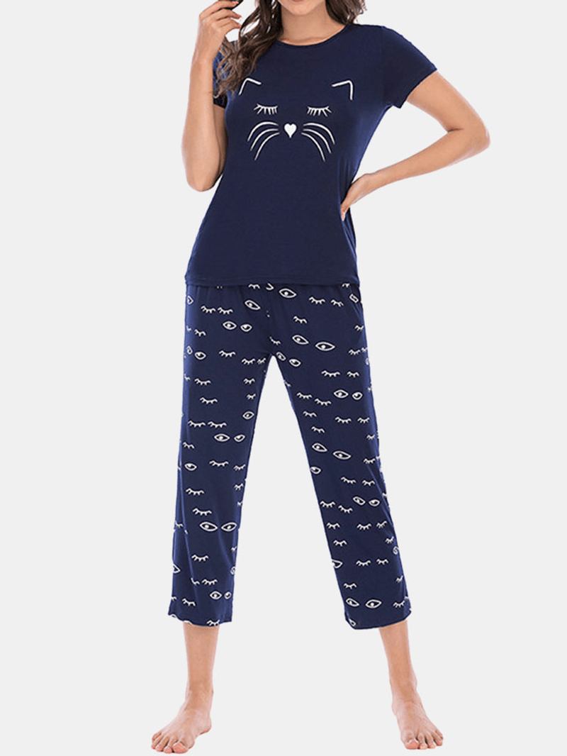 Plus Size Dam Letter Eye Med Tryck Kortärmad Pyjamas Set