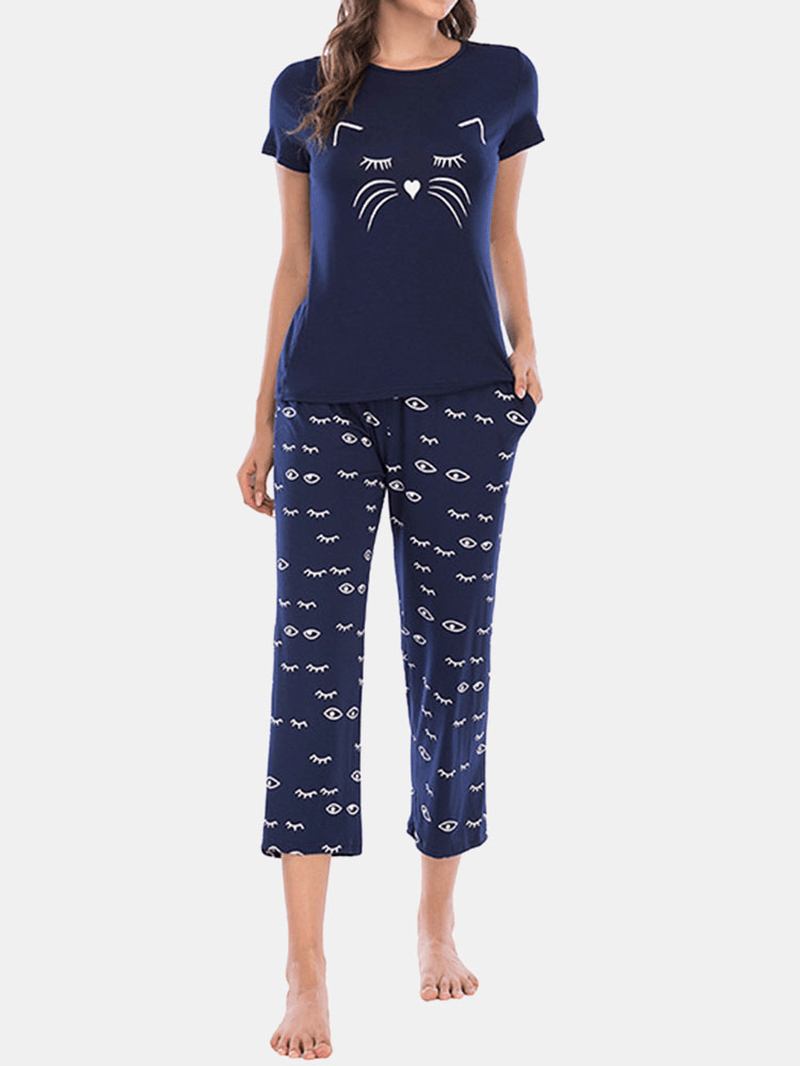 Plus Size Dam Letter Eye Med Tryck Kortärmad Pyjamas Set