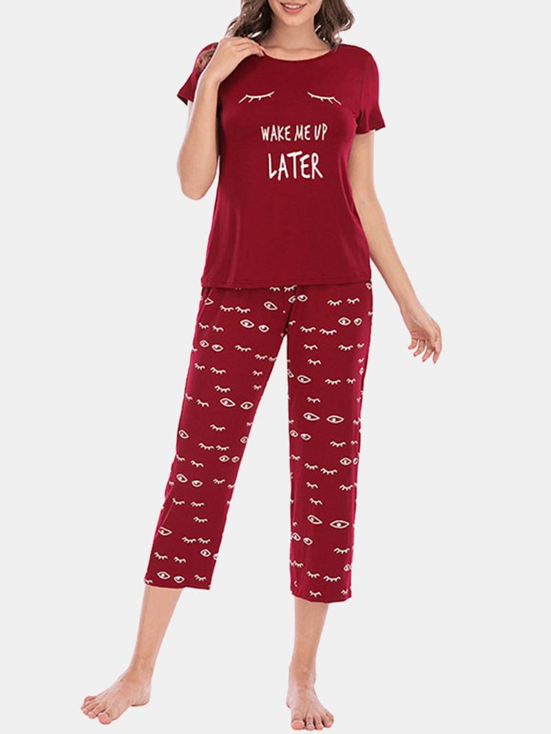 Plus Size Dam Letter Eye Med Tryck Kortärmad Pyjamas Set