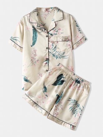 Plus Size Dam Plant Med Tryck Revere Collar Faux Silk Kortärmad Lös Pyjamas Set