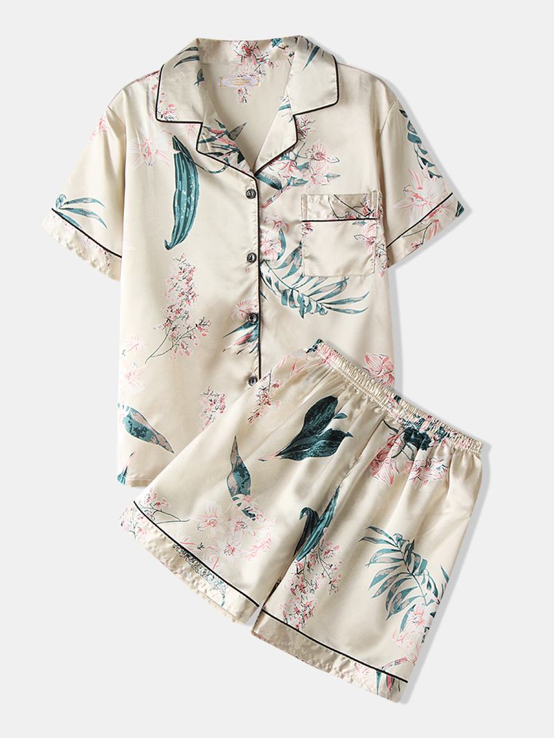 Plus Size Dam Plant Med Tryck Revere Collar Faux Silk Kortärmad Lös Pyjamas Set