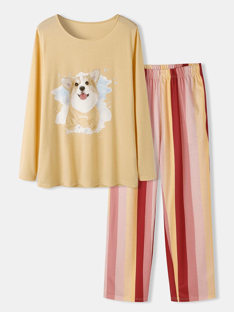 Plus Size Damer Dog Med Tryck Randiga Byxor Lös Långärmad Loungewear Pyjamas Set