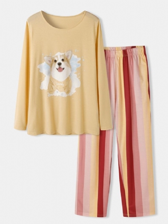 Plus Size Damer Dog Med Tryck Randiga Byxor Lös Långärmad Loungewear Pyjamas Set