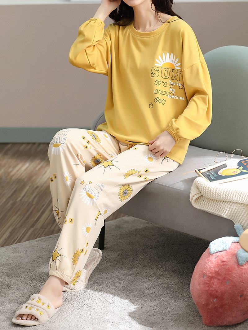 Plus Size Kvinnor Blommor & Letter Med Tryck V-hals Långärmad Home Casual Pyjamas Set