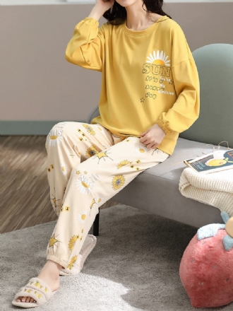 Plus Size Kvinnor Blommor & Letter Med Tryck V-hals Långärmad Home Casual Pyjamas Set