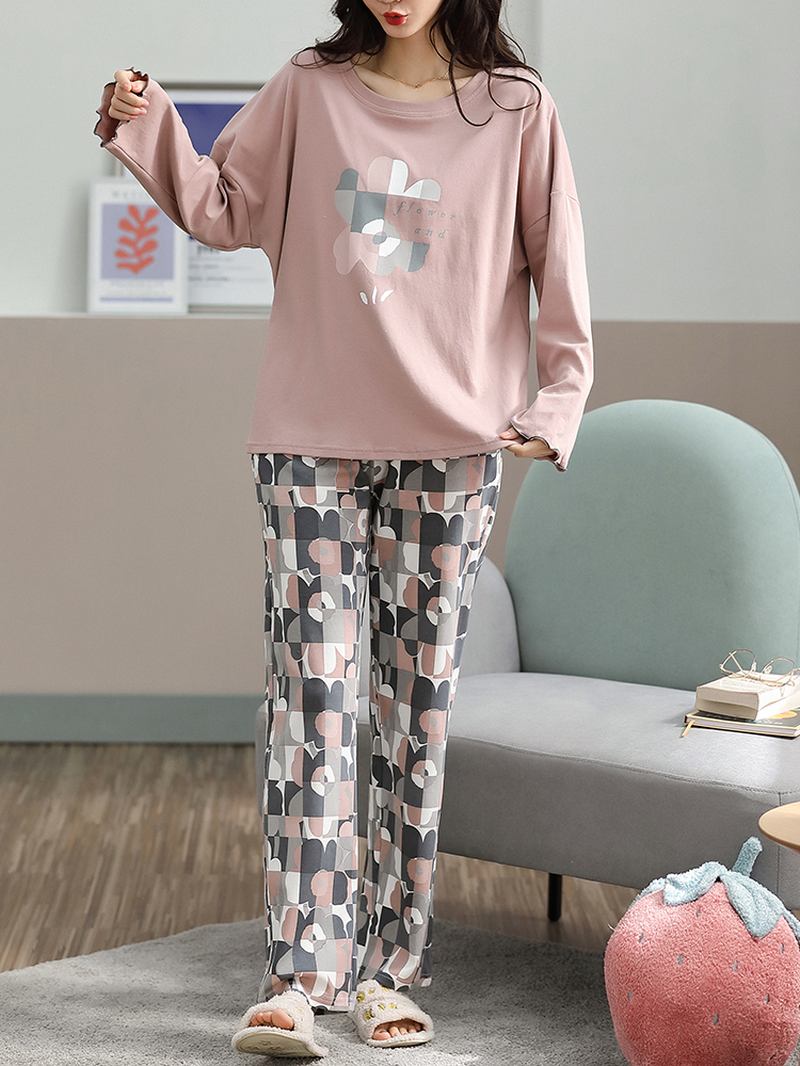 Plus Size Kvinnor Blommor & Letter Med Tryck V-hals Långärmad Home Casual Pyjamas Set